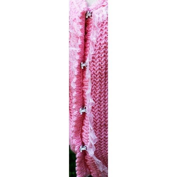 Crochet Cable Knit Pink Sweater Cardigan Roses Sheer Ruffle Girls Sz XL - Picture 7 of 8